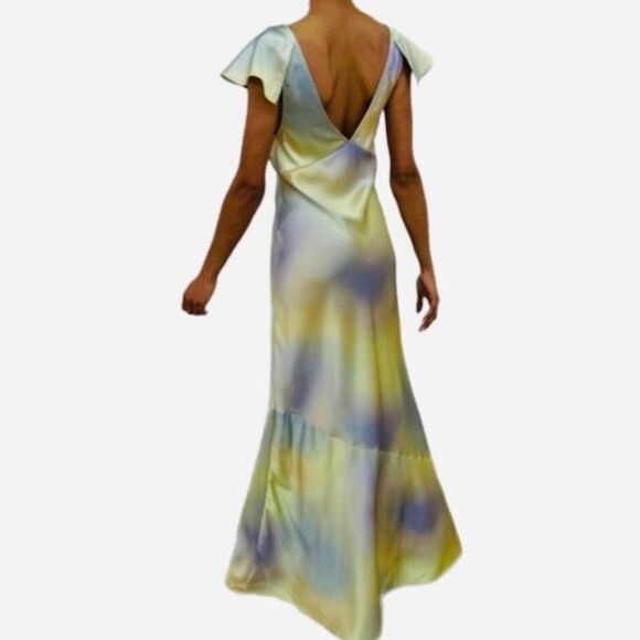 NWT WeWoreWhat Silky Charmeuse Maxi Slip Dress in a pastel watercolor pattern. - Picture 3 of 8